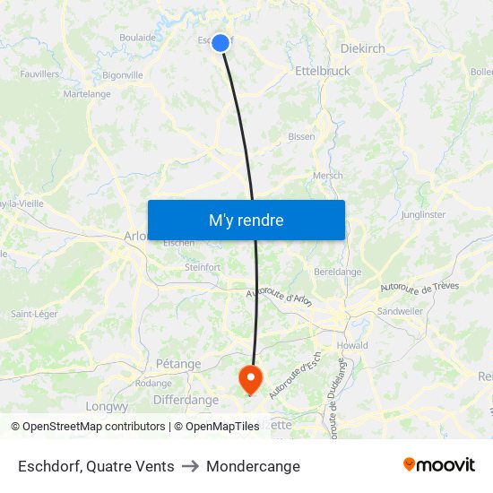 Eschdorf, Quatre Vents to Mondercange map