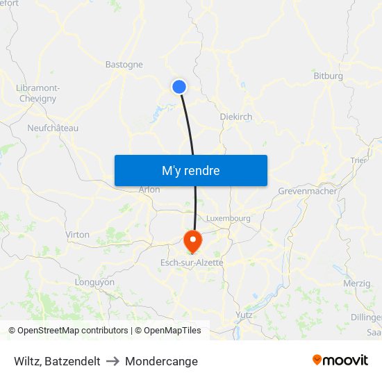 Wiltz, Batzendelt to Mondercange map