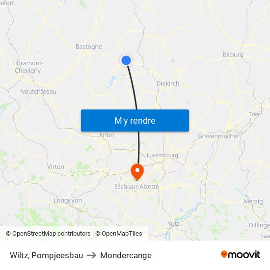 Wiltz, Pompjeesbau to Mondercange map