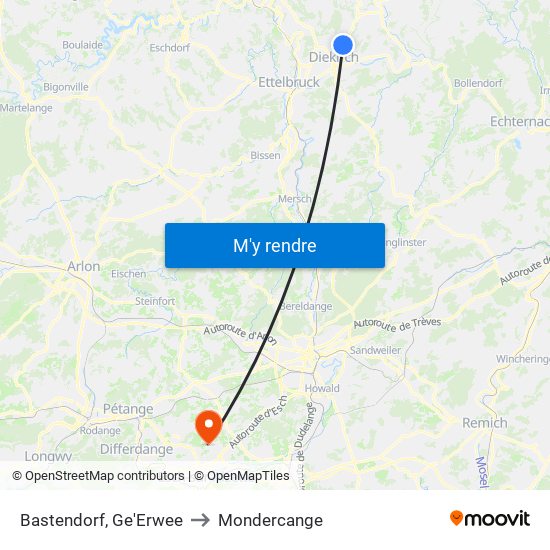 Bastendorf, Ge'Erwee to Mondercange map