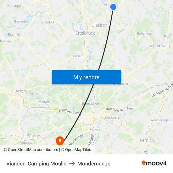 Vianden, Camping Moulin to Mondercange map