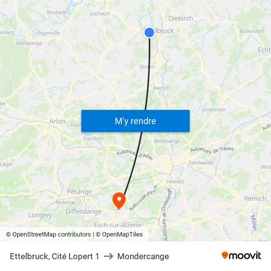 Ettelbruck, Cité Lopert 1 to Mondercange map