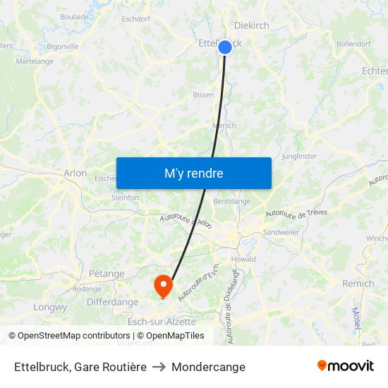 Ettelbruck, Gare Routière to Mondercange map