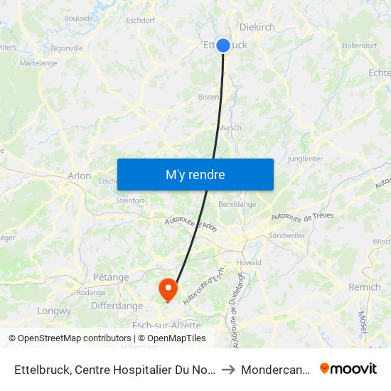 Ettelbruck, Centre Hospitalier Du Nord to Mondercange map