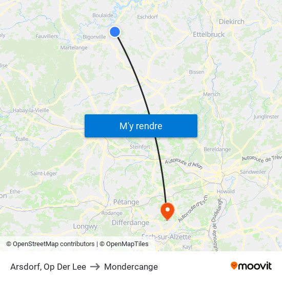 Arsdorf, Op Der Lee to Mondercange map