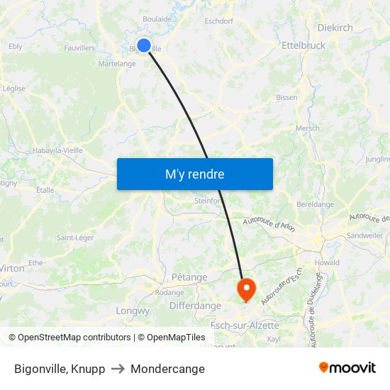 Bigonville, Knupp to Mondercange map