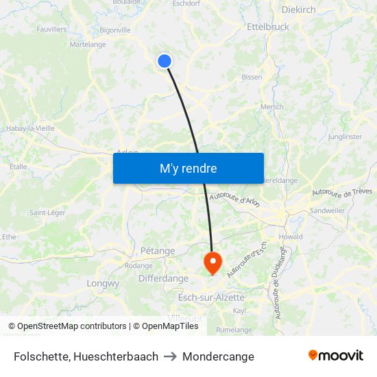 Folschette, Hueschterbaach to Mondercange map