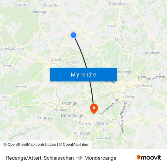 Redange/Attert, Schleisschen to Mondercange map