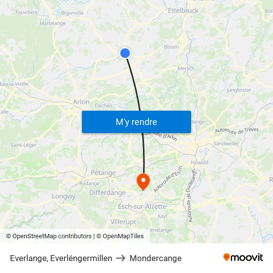 Everlange, Everléngermillen to Mondercange map