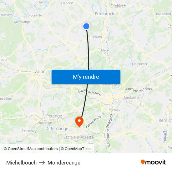 Michelbouch to Mondercange map