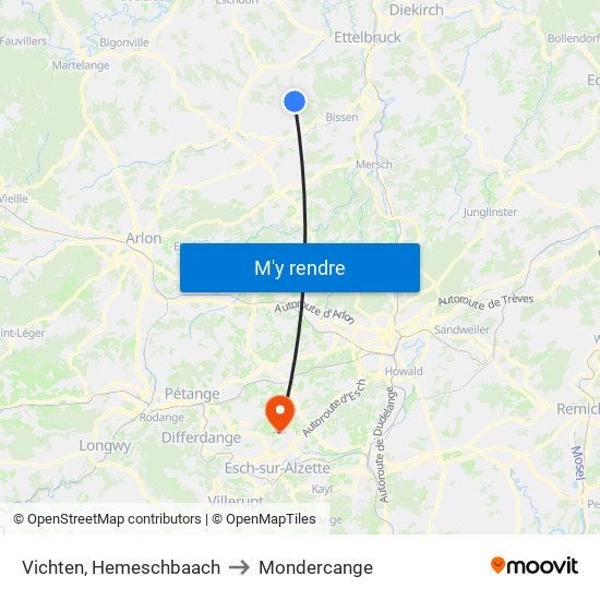 Vichten, Hemeschbaach to Mondercange map