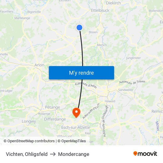 Vichten, Ohligsfeld to Mondercange map