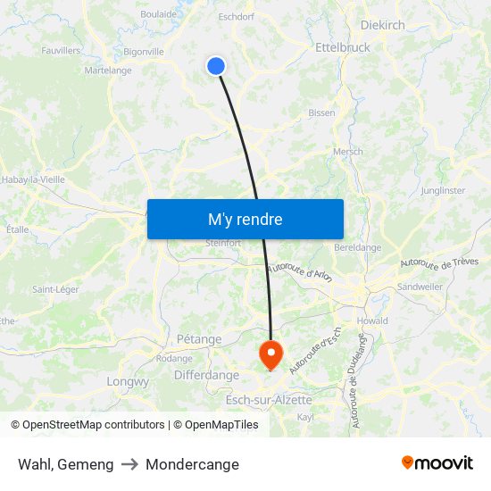 Wahl, Gemeng to Mondercange map