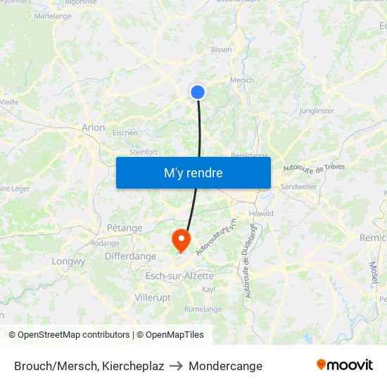Brouch/Mersch, Kiercheplaz to Mondercange map
