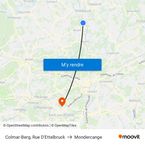 Colmar-Berg, Rue D'Ettelbruck to Mondercange map