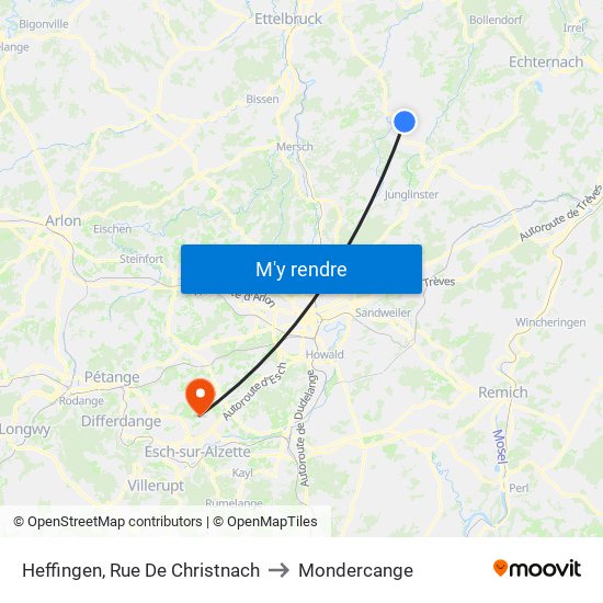 Heffingen, Rue De Christnach to Mondercange map