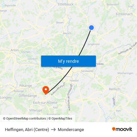 Heffingen, Abri (Centre) to Mondercange map