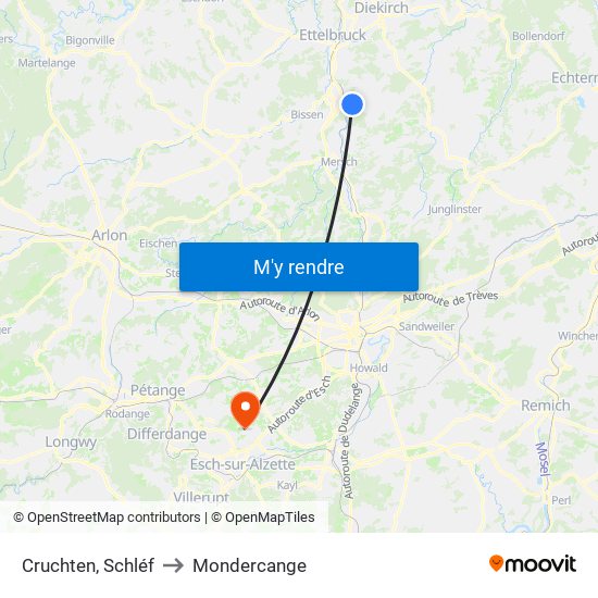 Cruchten, Schléf to Mondercange map