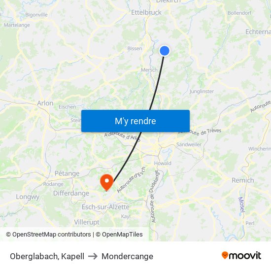 Oberglabach, Kapell to Mondercange map