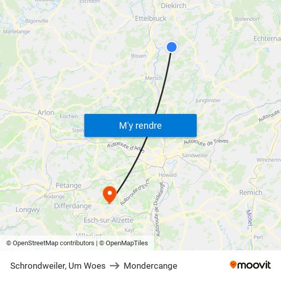 Schrondweiler, Um Woes to Mondercange map