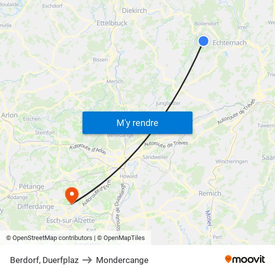 Berdorf, Duerfplaz to Mondercange map