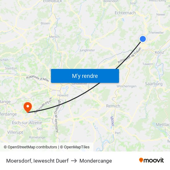 Moersdorf, Iewescht Duerf to Mondercange map