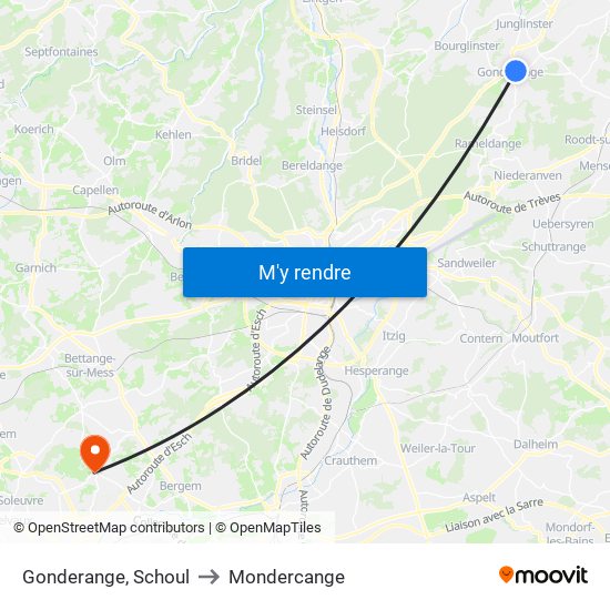 Gonderange, Schoul to Mondercange map