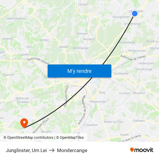 Junglinster, Um Lei to Mondercange map