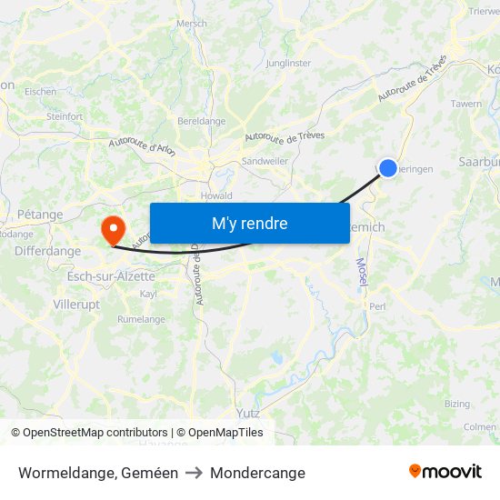 Wormeldange, Geméen to Mondercange map