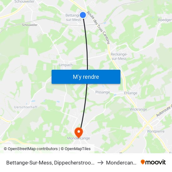 Bettange-Sur-Mess, Dippecherstrooss to Mondercange map