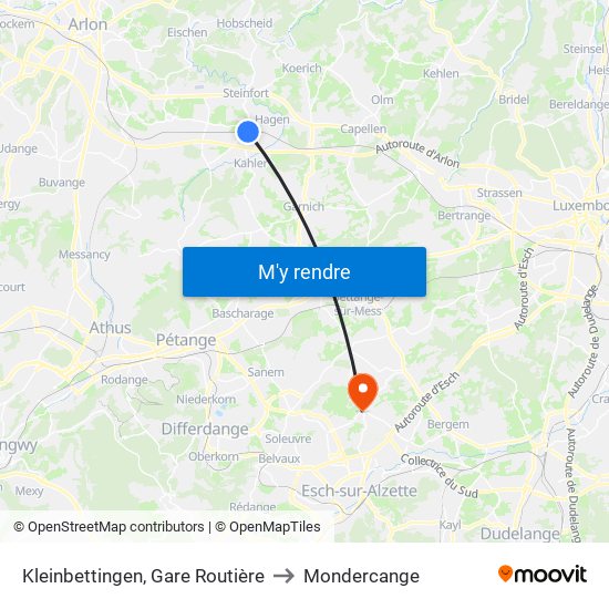 Kleinbettingen, Gare Routière to Mondercange map