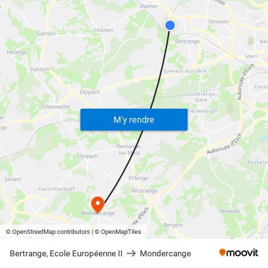 Bertrange, Ecole Européenne II to Mondercange map