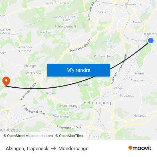 Alzingen, Trapeneck to Mondercange map