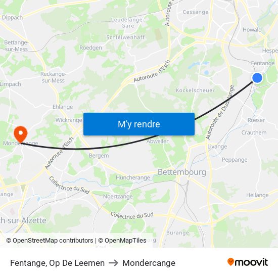 Fentange, Op De Leemen to Mondercange map