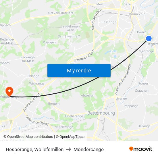 Hesperange, Wollefsmillen to Mondercange map