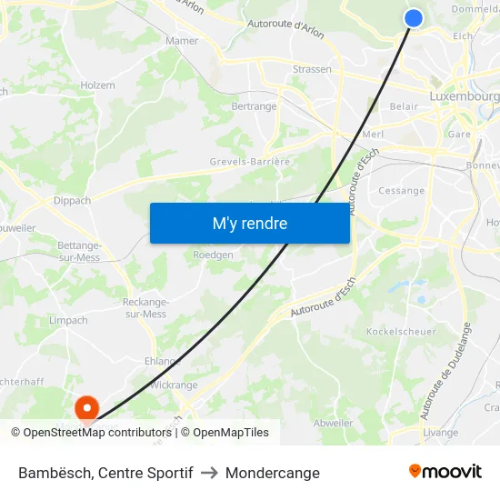 Bambësch, Centre Sportif to Mondercange map