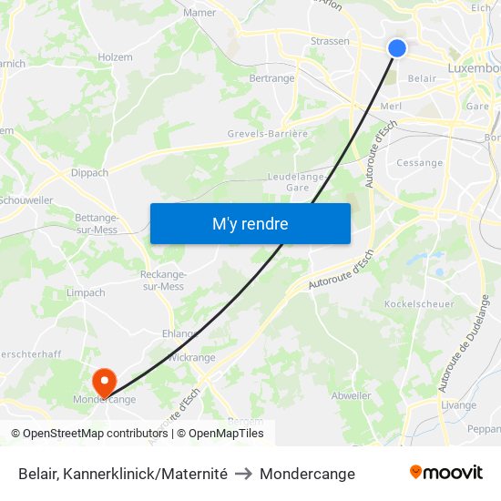 Belair, Kannerklinick/Maternité to Mondercange map