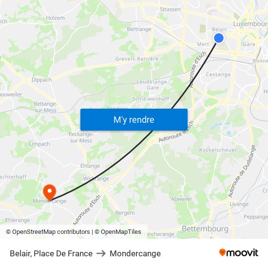 Belair, Place De France to Mondercange map
