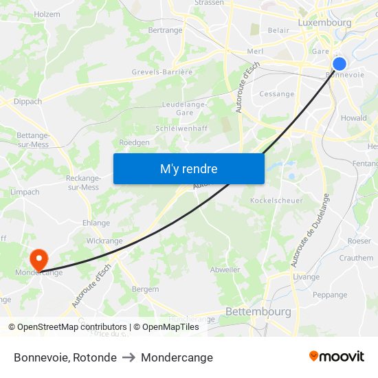 Bonnevoie, Rotonde to Mondercange map