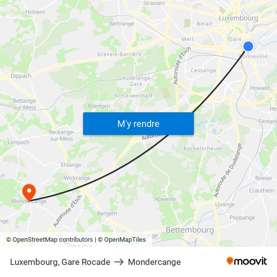 Luxembourg, Gare Rocade to Mondercange map