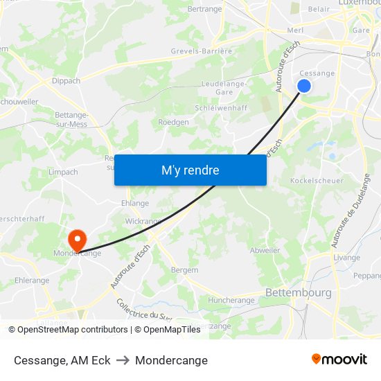 Cessange, AM Eck to Mondercange map