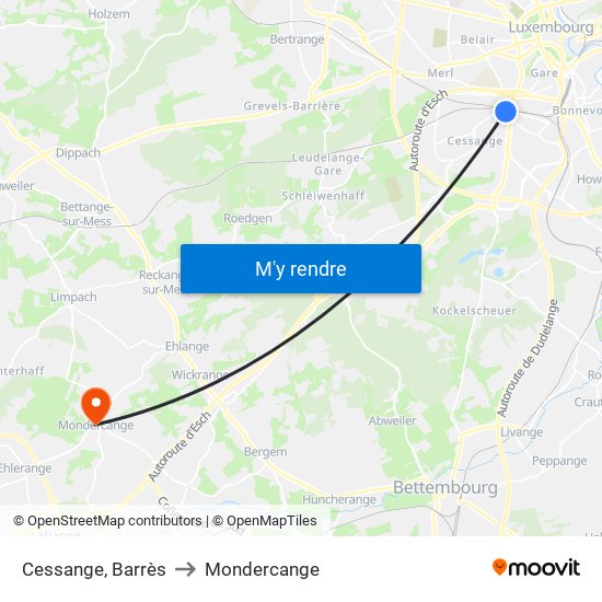 Cessange, Barrès to Mondercange map