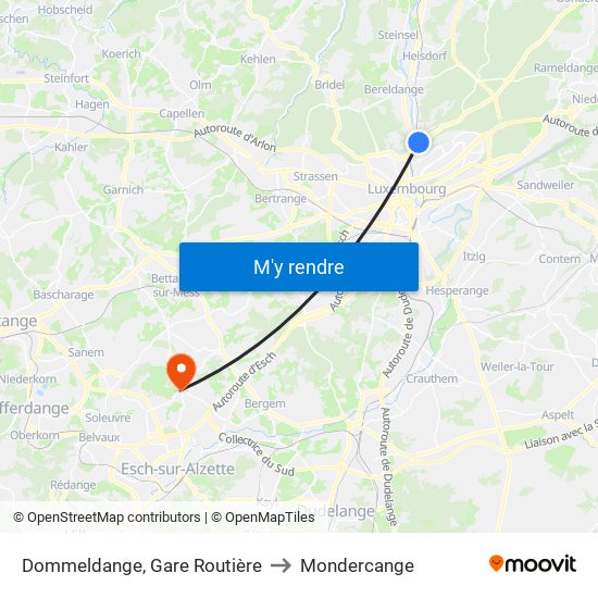 Dommeldange, Gare Routière to Mondercange map