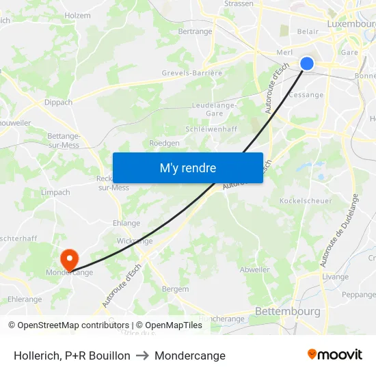 Hollerich, P+R Bouillon to Mondercange map