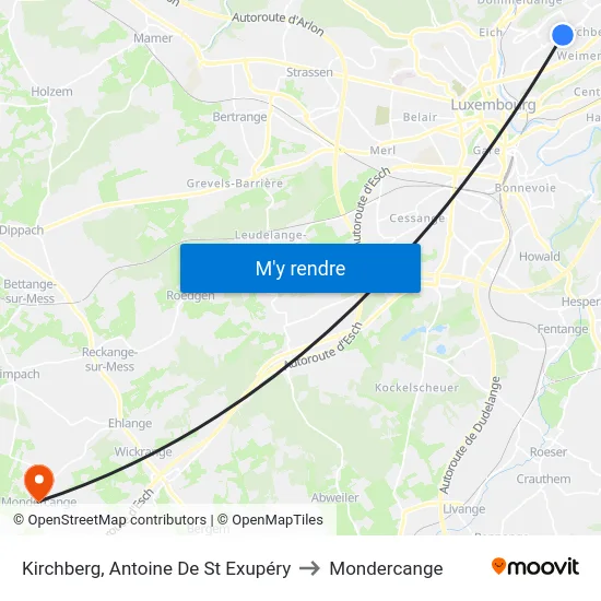 Kirchberg, Antoine De St Exupéry to Mondercange map