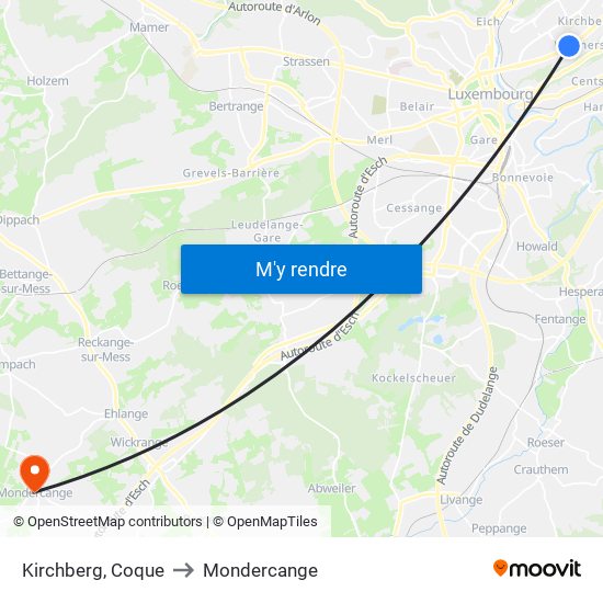 Kirchberg, Coque to Mondercange map