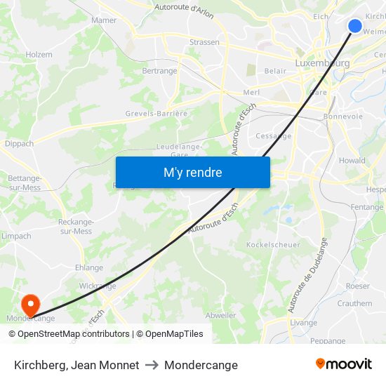 Kirchberg, Jean Monnet to Mondercange map