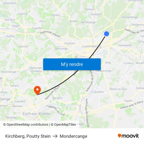 Kirchberg, Poutty Stein to Mondercange map