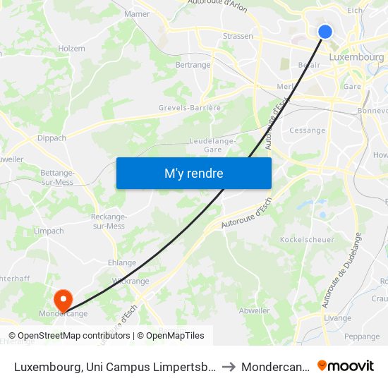 Luxembourg, Uni Campus Limpertsberg to Mondercange map