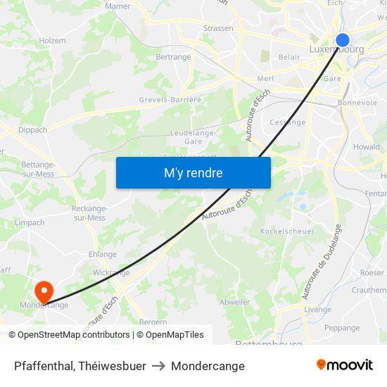 Pfaffenthal, Théiwesbuer to Mondercange map